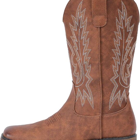 Cowboy Boots Women Faux Leather Square Toe Mid Calf Embroidered Western - Picture 2 of 8